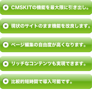 CMSKITの機能を最大限に引き出し。現状のサイトのまま機能を改良します。ページ編集の自由度が高くなります。リッチなコンテンツも実現できます。比較的短時間で導入可能です。